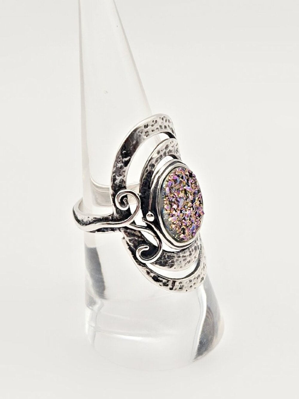 Vintage Israel Pink Druzy Sterling Silver Swirl Ring Size 7